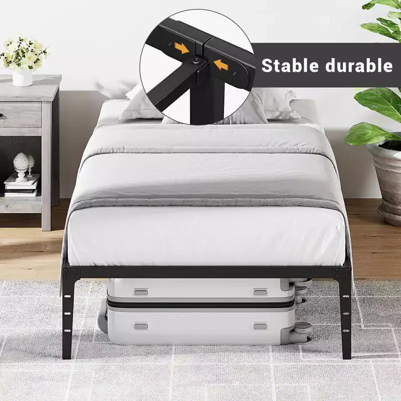 Base de cama doble sin cabecero, base de cama de plataforma de metal con 12.6 de almacenamiento debajo de la cama, soporte de láminas de metal, no necesita somier