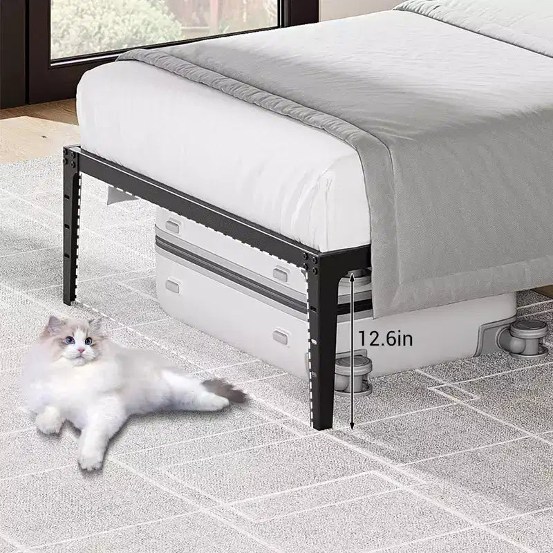 Base de cama doble sin cabecero, base de cama de plataforma de metal con 12.6 de almacenamiento debajo de la cama, soporte de láminas de metal, no necesita somier