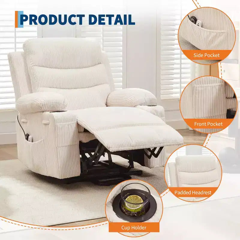 Sillón reclinable elevador con masaje y calor, reclinables eléctricos de gran tamaño, asiento para cine en casa con 2 portavasos laterales, sillón individual reclinable deslizante