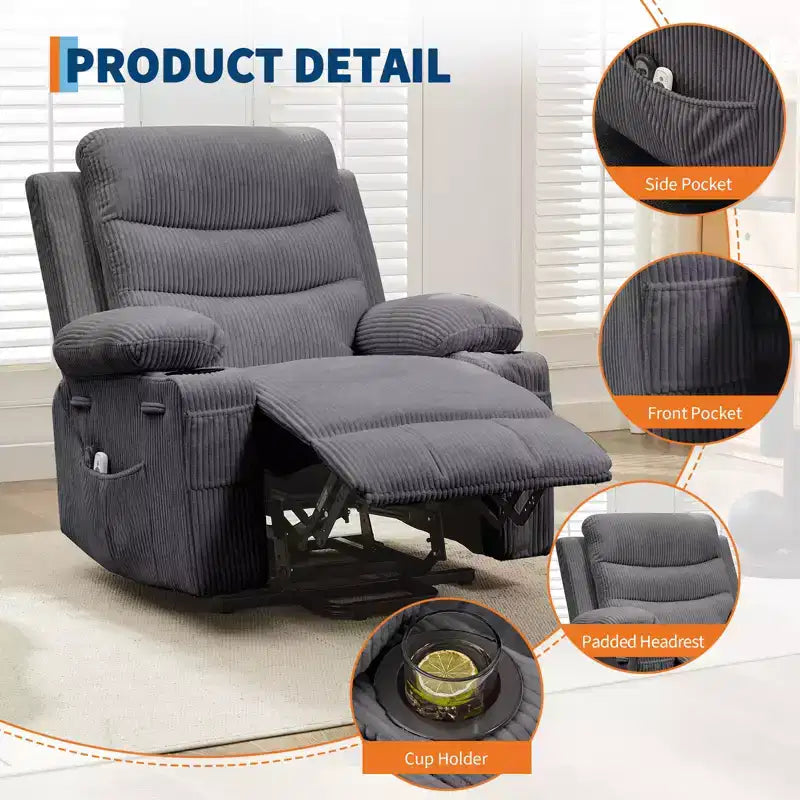 Sillón reclinable elevador con masaje y calor, reclinables eléctricos de gran tamaño, asiento para cine en casa con 2 portavasos laterales, sillón individual reclinable deslizante