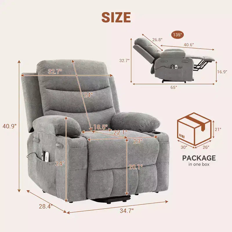 Sillón reclinable elevador con masaje y calor, reclinables eléctricos de gran tamaño, asiento para cine en casa con 2 portavasos laterales, sillón individual reclinable deslizante