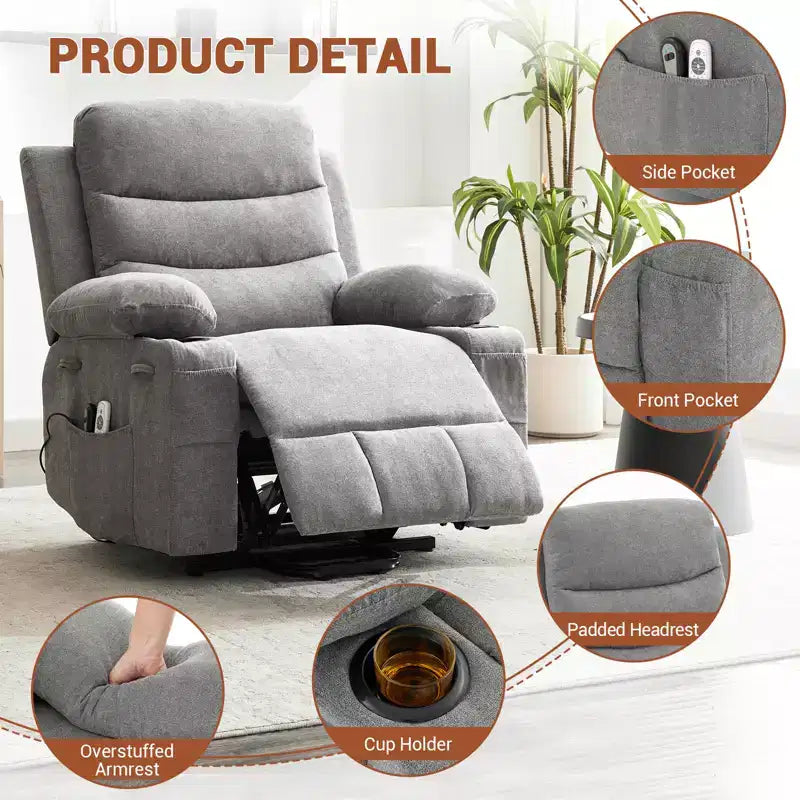 Sillón reclinable elevador con masaje y calor, reclinables eléctricos de gran tamaño, asiento para cine en casa con 2 portavasos laterales, sillón individual reclinable deslizante