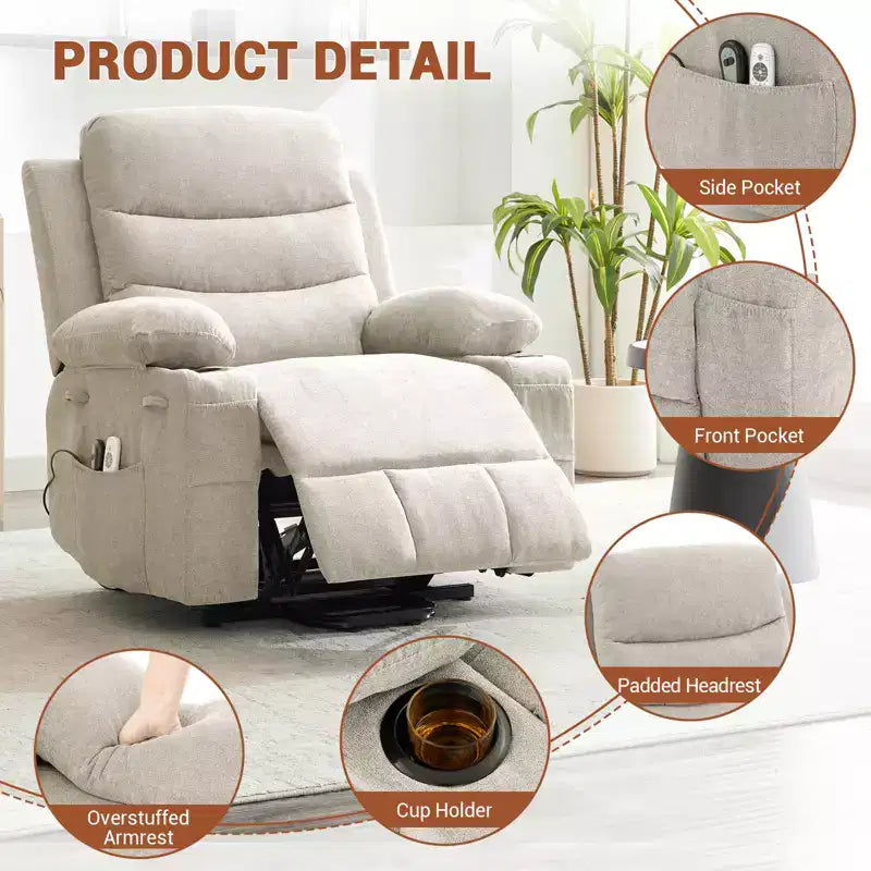 Sillón reclinable elevador con masaje y calor, reclinables eléctricos de gran tamaño, asiento para cine en casa con 2 portavasos laterales, sillón individual reclinable deslizante