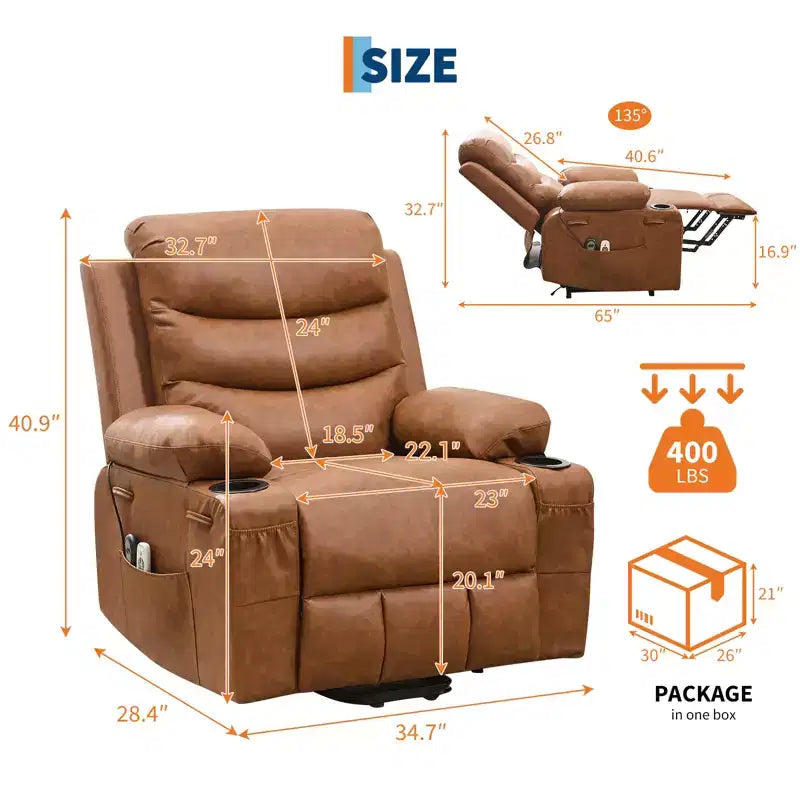 Sillón reclinable elevador con masaje y calor, reclinables eléctricos de gran tamaño, asiento para cine en casa con 2 portavasos laterales, sillón individual reclinable deslizante