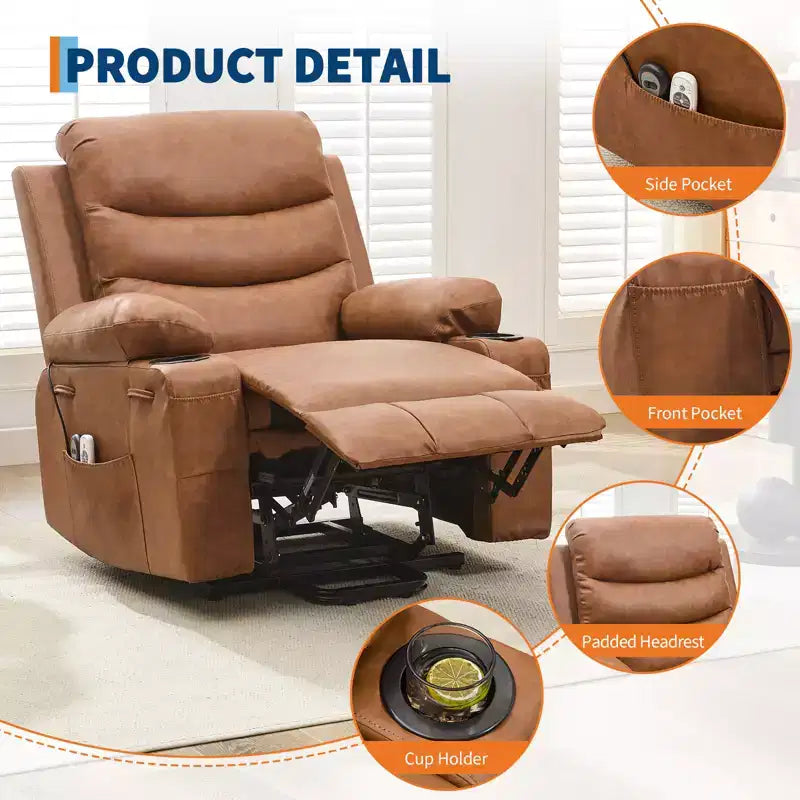 Sillón reclinable elevador con masaje y calor, reclinables eléctricos de gran tamaño, asiento para cine en casa con 2 portavasos laterales, sillón individual reclinable deslizante