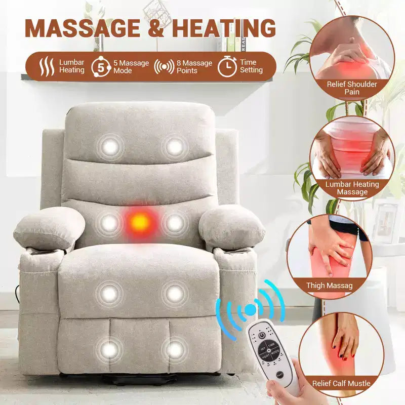 Sillón reclinable elevador con masaje y calor, reclinables eléctricos de gran tamaño, asiento para cine en casa con 2 portavasos laterales, sillón individual reclinable deslizante