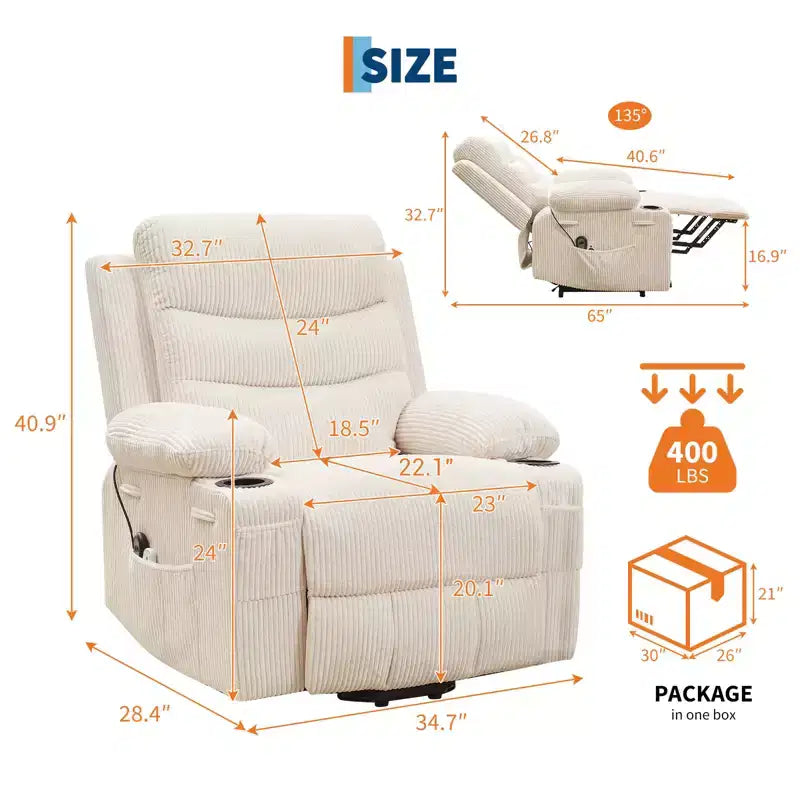 Sillón reclinable elevador con masaje y calor, reclinables eléctricos de gran tamaño, asiento para cine en casa con 2 portavasos laterales, sillón individual reclinable deslizante