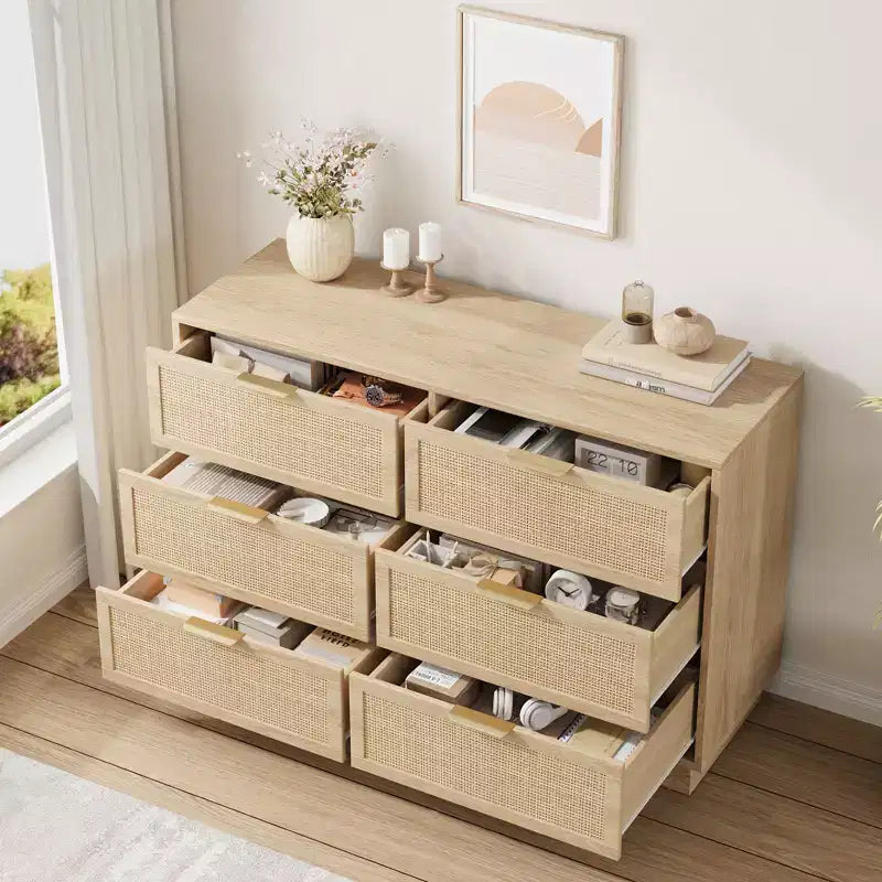 Cómoda de ratán con 6 cajones, 120 cm de ancho, roble natural, 6 cajones con tiradores metálicos y base de madera resistente para dormitorio, sala de estar, cuarto de bebé