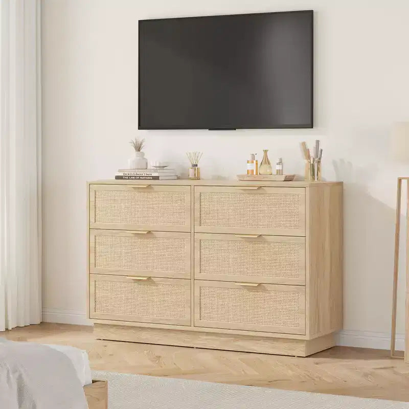 Cómoda de ratán con 6 cajones, 120 cm de ancho, roble natural, 6 cajones con tiradores metálicos y base de madera resistente para dormitorio, sala de estar, cuarto de bebé