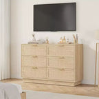 Cómoda de ratán con 6 cajones, 120 cm de ancho, roble natural, 6 cajones con tiradores metálicos y base de madera resistente para dormitorio, sala de estar, cuarto de bebé