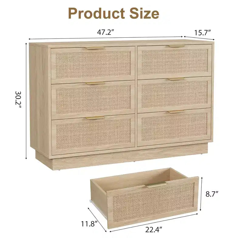 Cómoda de ratán con 6 cajones, 120 cm de ancho, roble natural, 6 cajones con tiradores metálicos y base de madera resistente para dormitorio, sala de estar, cuarto de bebé