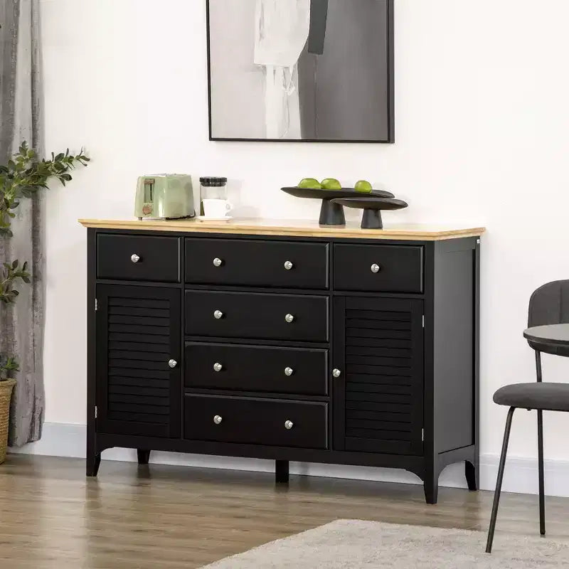 Aparador tipo bufé con cajones de almacenamiento, encimera de madera de caucho y estantes ajustables, gabinete de cocina, gabinete de barra de café