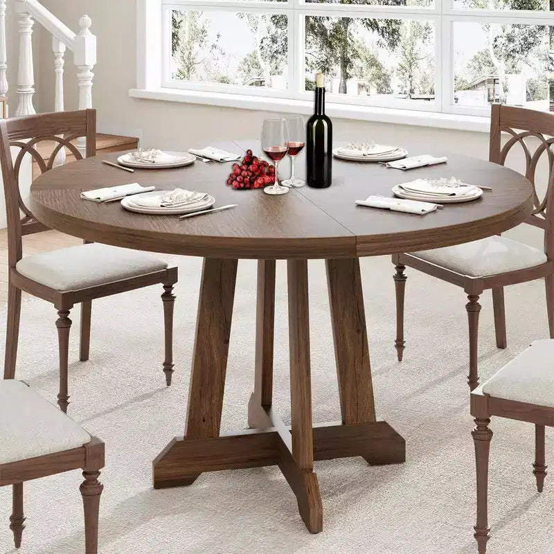 Mesa de comedor redonda COZONY de 47 pulgadas para 4 personas, mesa de cocina con pedestal de madera, base resistente y tapa de 4 secciones, mesa de comedor estilo rústico para salón