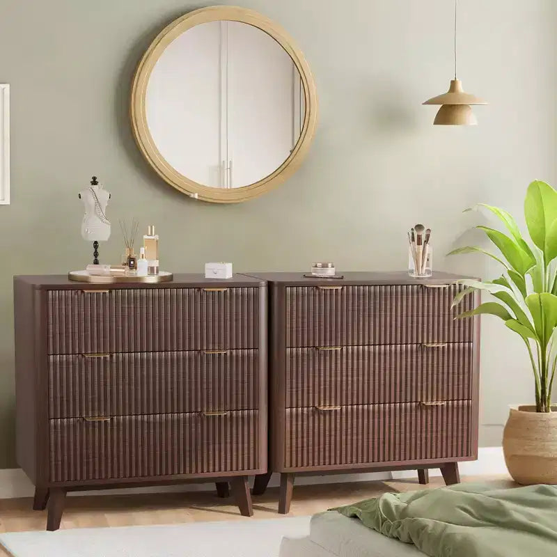 GustoWave Mesita de noche acanalada de estilo rústico de 32'', mesita de noche moderna de 3 cajones con tirador dorado, mesita auxiliar con paneles ondulados