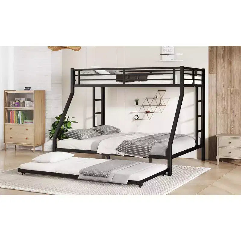 Litera de metal Bellemave Twin XL sobre Queen con nido, estructura de triple cama resistente, escaleras y barandillas, sin ruido, negro