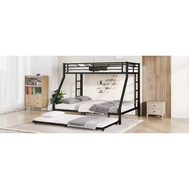 Litera de metal Bellemave Twin XL sobre Queen con nido, estructura de triple cama resistente, escaleras y barandillas, sin ruido, negro