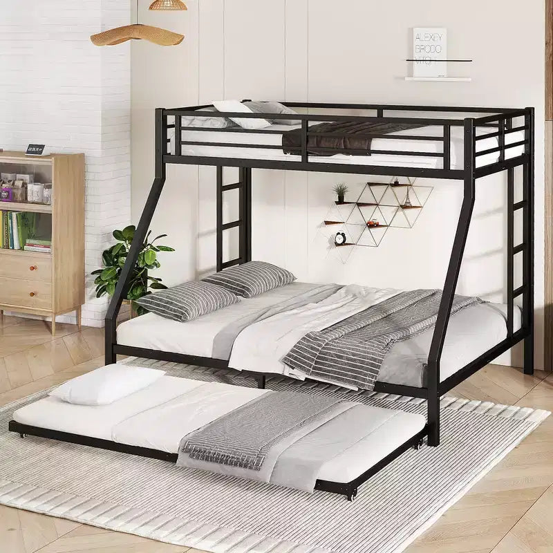 Litera de metal Bellemave Twin XL sobre Queen con nido, estructura de triple cama resistente, escaleras y barandillas, sin ruido, negro