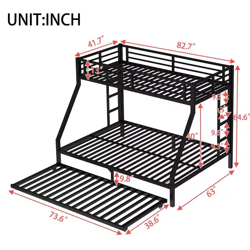 Litera de metal Bellemave Twin XL sobre Queen con nido, estructura de triple cama resistente, escaleras y barandillas, sin ruido, negro