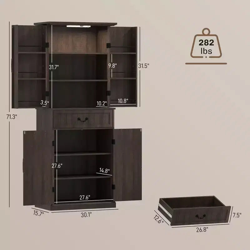 Armario de despensa de cocina con 71 LED, gabinete de almacenamiento estilo casa de campo con estantes en la puerta