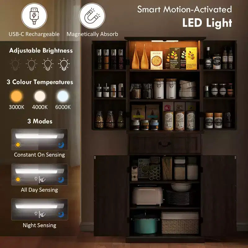 Armario de despensa de cocina con 71 LED, gabinete de almacenamiento estilo casa de campo con estantes en la puerta