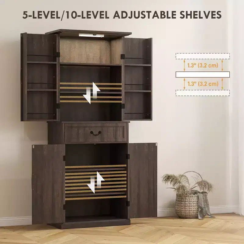 Armario de despensa de cocina con 71 LED, gabinete de almacenamiento estilo casa de campo con estantes en la puerta