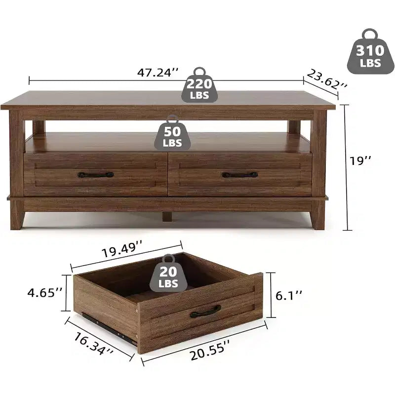 Mesa de centro Acekool estilo rústico, 2 cajones y estante abierto, mesa central rectangular de 120 cm, estructura estable de 6 patas