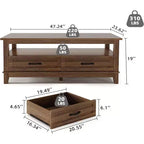 Mesa de centro Acekool estilo rústico, 2 cajones y estante abierto, mesa central rectangular de 120 cm, estructura estable de 6 patas