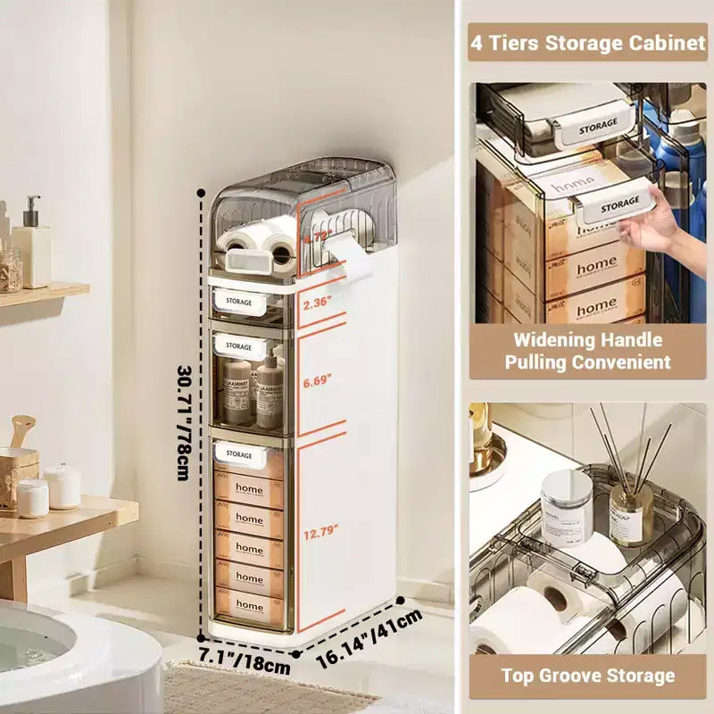 Mueble de almacenamiento de baño estrecho de 4 niveles, gabinete de baño angosto con cajones y caja de pañuelos, caja de almacenamiento delgada de plástico impermeable para espacios estrechos en la cocina