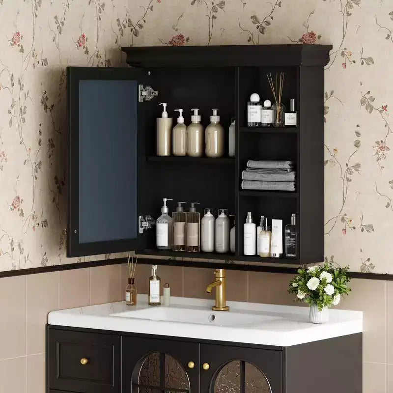 Botiquín rectangular FAMYYT de 76 cm de ancho x 71 cm de alto de MDF con espejo, estante ajustable, bisagras de cierre suave, estantes abiertos