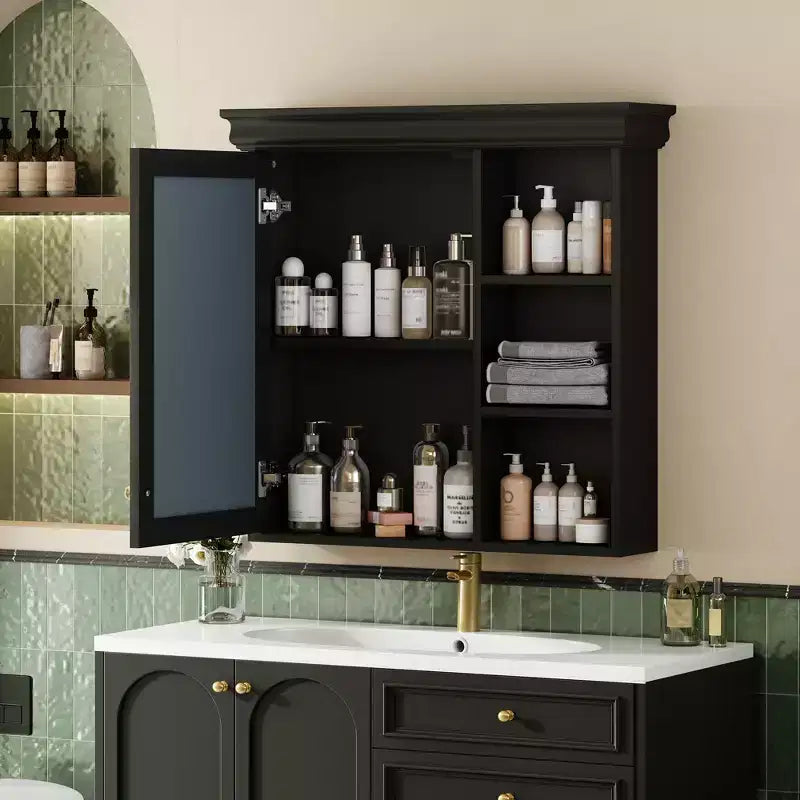 Botiquín rectangular FAMYYT de 76 cm de ancho x 71 cm de alto de MDF con espejo, estante ajustable, bisagras de cierre suave, estantes abiertos