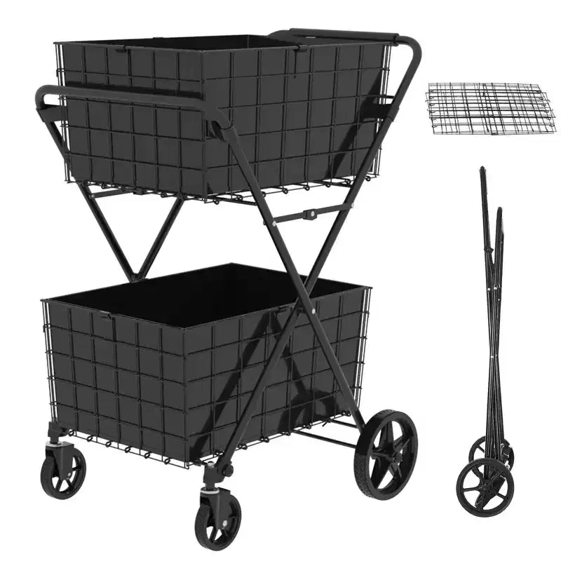 GDFStudio Salta - Carrito de compras plegable de 2 niveles con cestas extraíbles y ruedas giratorias 360
