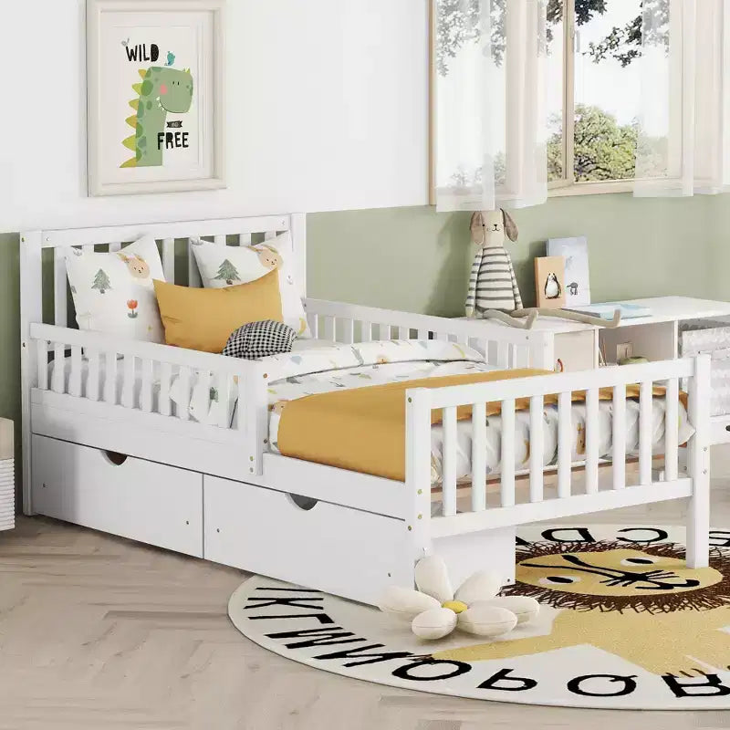 Cama de plataforma de madera con barandillas para niños, estructura de cama de plataforma de madera con 2 cajones de almacenamiento