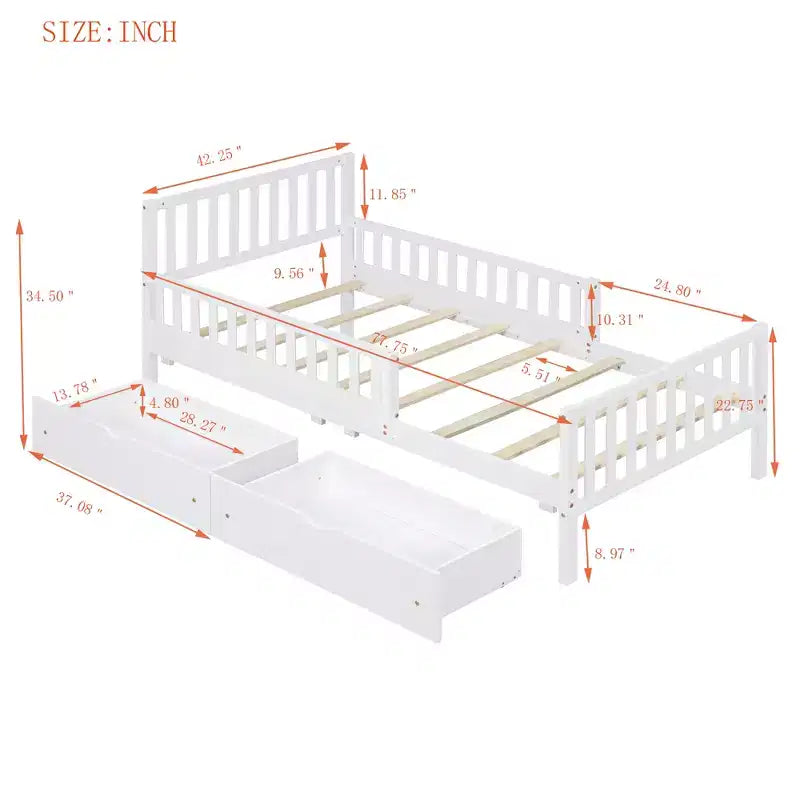 Cama de plataforma de madera con barandillas para niños, estructura de cama de plataforma de madera con 2 cajones de almacenamiento