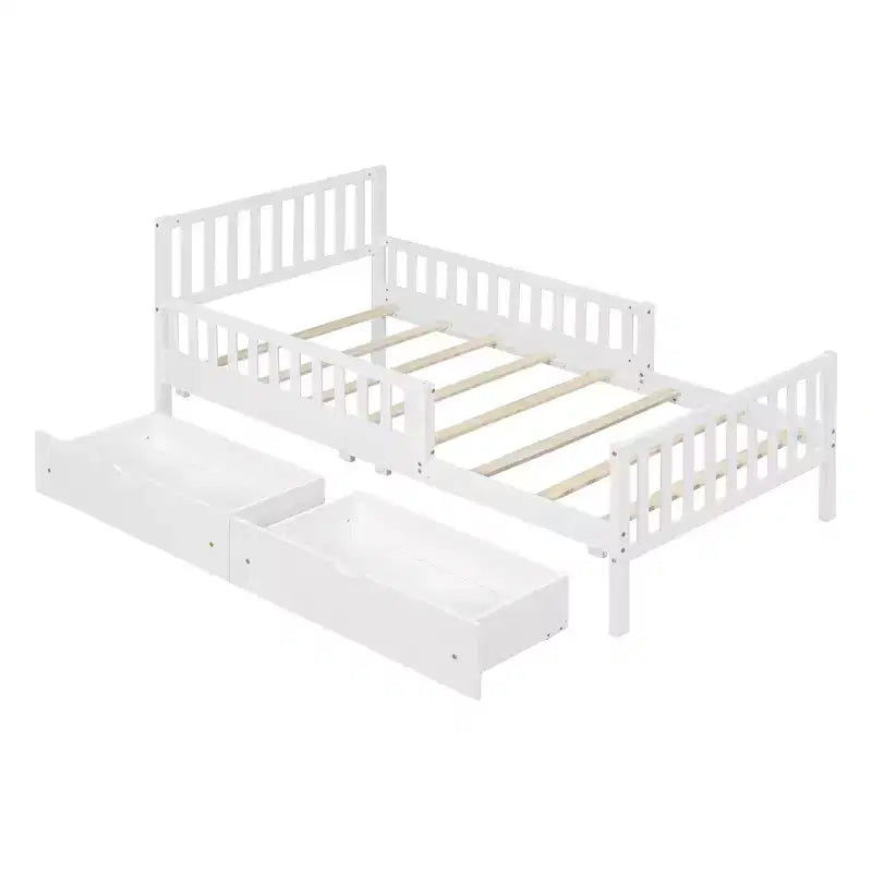 Cama de plataforma de madera con barandillas para niños, estructura de cama de plataforma de madera con 2 cajones de almacenamiento