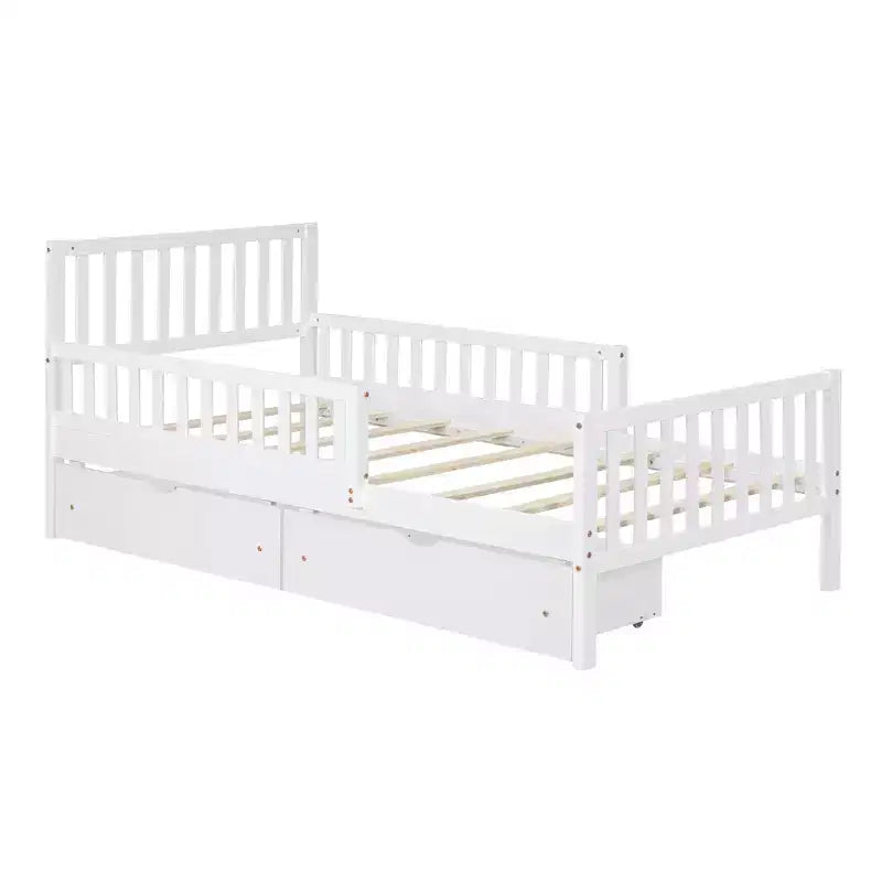 Cama de plataforma de madera con barandillas para niños, estructura de cama de plataforma de madera con 2 cajones de almacenamiento