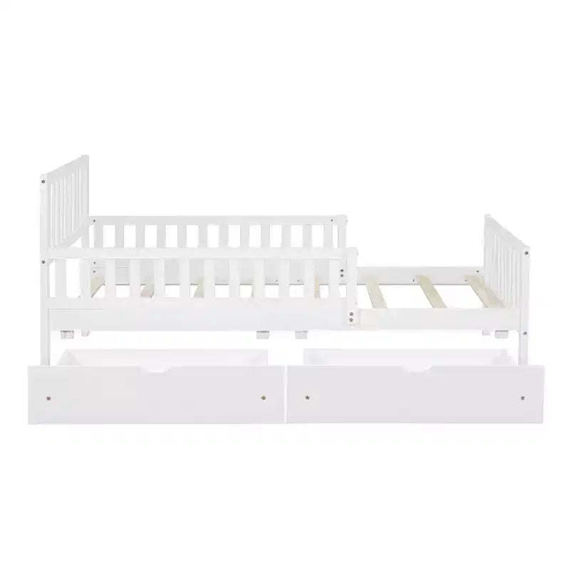 Cama de plataforma de madera con barandillas para niños, estructura de cama de plataforma de madera con 2 cajones de almacenamiento