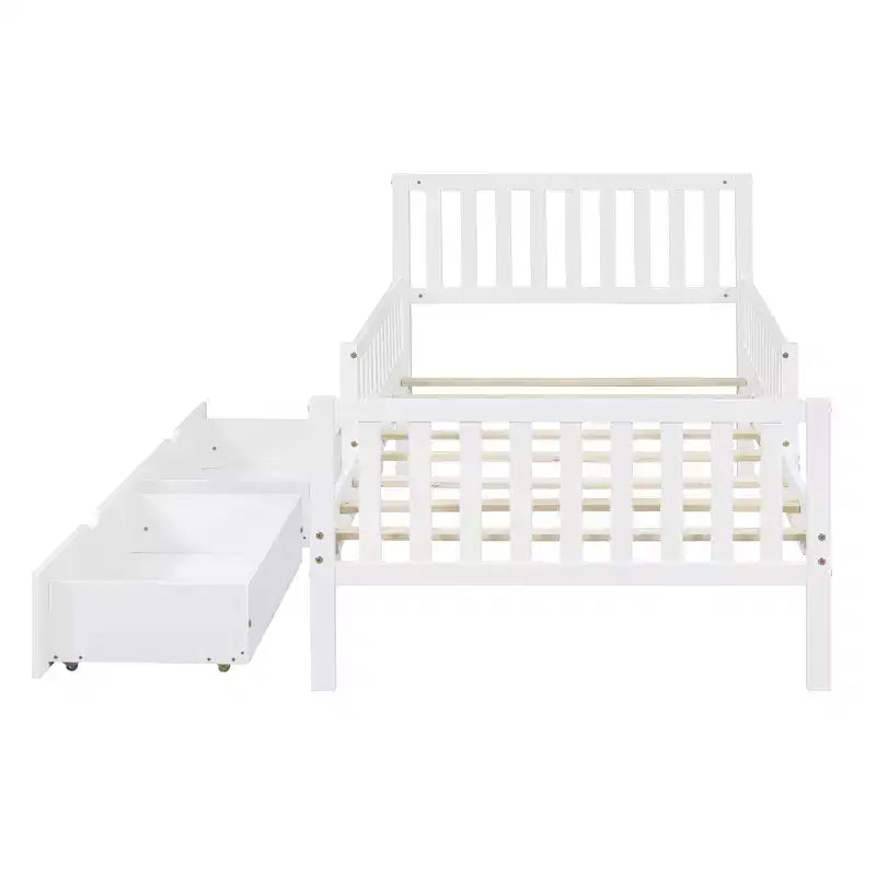 Cama de plataforma de madera con barandillas para niños, estructura de cama de plataforma de madera con 2 cajones de almacenamiento