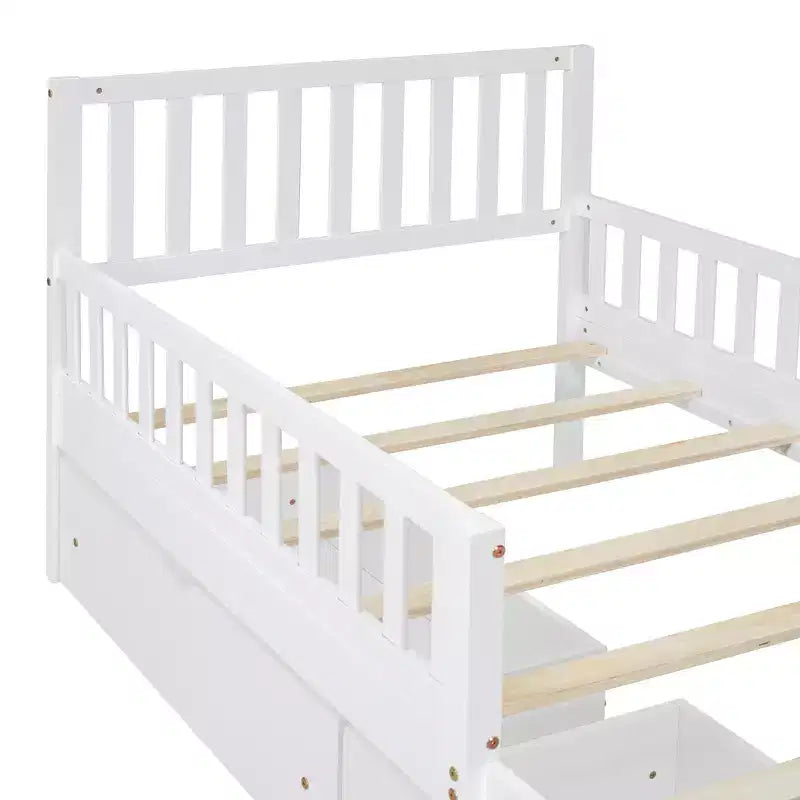 Cama de plataforma de madera con barandillas para niños, estructura de cama de plataforma de madera con 2 cajones de almacenamiento