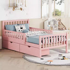 Cama de plataforma de madera con barandillas para niños, estructura de cama de plataforma de madera con 2 cajones de almacenamiento