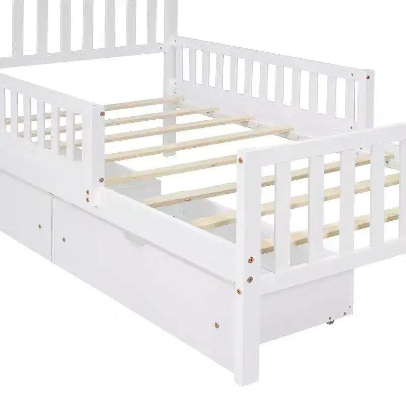 Cama de plataforma de madera con barandillas para niños, estructura de cama de plataforma de madera con 2 cajones de almacenamiento