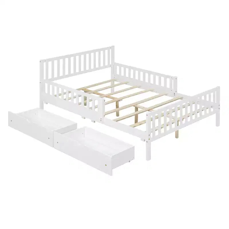 Cama de plataforma de madera con barandillas para niños, estructura de cama de plataforma de madera con 2 cajones de almacenamiento