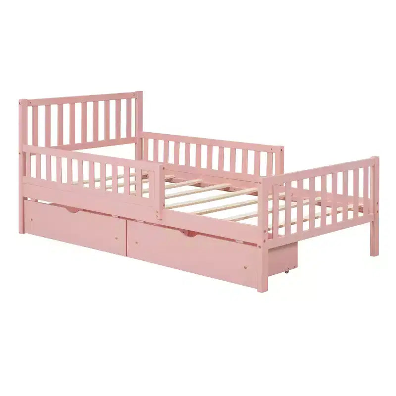 Cama de plataforma de madera con barandillas para niños, estructura de cama de plataforma de madera con 2 cajones de almacenamiento