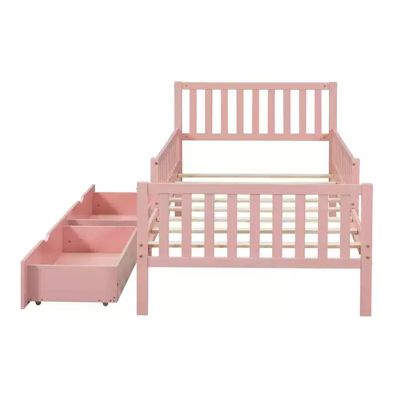 Cama de plataforma de madera con barandillas para niños, estructura de cama de plataforma de madera con 2 cajones de almacenamiento