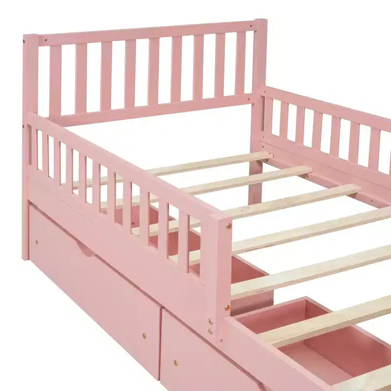 Cama de plataforma de madera con barandillas para niños, estructura de cama de plataforma de madera con 2 cajones de almacenamiento
