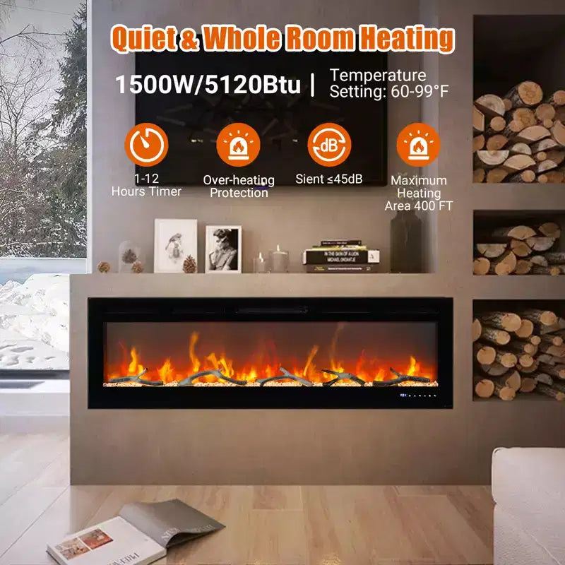 CuisinSmart Chimenea eléctrica empotrable de pared de 72 pulgadas, con 12 colores de llama, doble calefacción de 750w/1500w, chimenea inteligente con control de voz