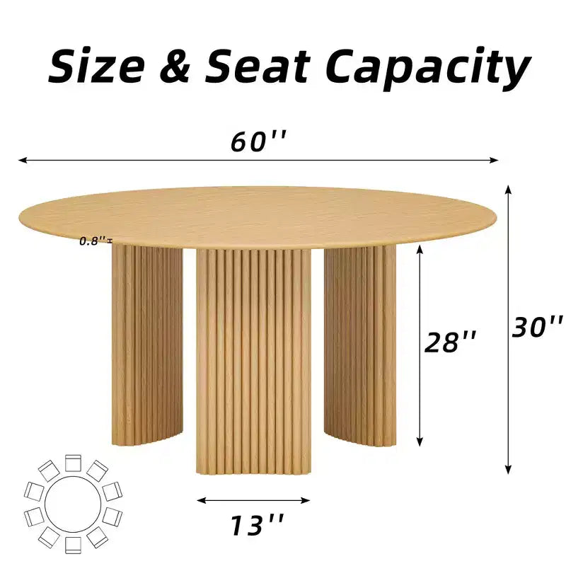 PexFix Mesa de Comedor Redonda Moderna de 60" con Patas Cilíndricas Rayadas, Mesa de Cocina de Madera Maciza con Almohadillas Antirrayas para Comedor y Barra de Cocina en Natural
