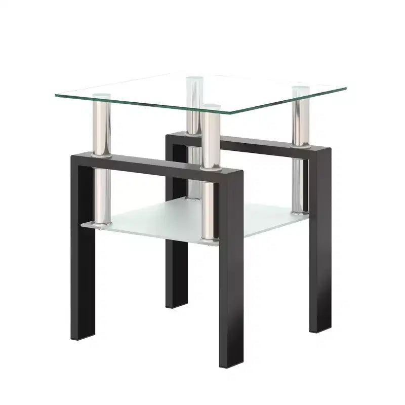 Mesa de centro cuadrada de cristal de 2 niveles con estante de almacenamiento, mesa de té moderna para sala de estar u oficina