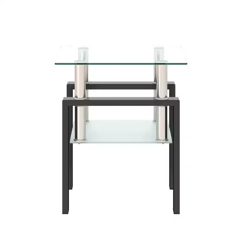 Mesa de centro cuadrada de cristal de 2 niveles con estante de almacenamiento, mesa de té moderna para sala de estar u oficina