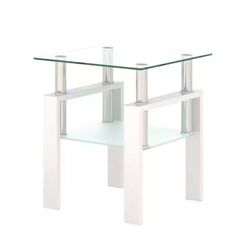Mesa de centro cuadrada de cristal de 2 niveles con estante de almacenamiento, mesa de té moderna para sala de estar u oficina
