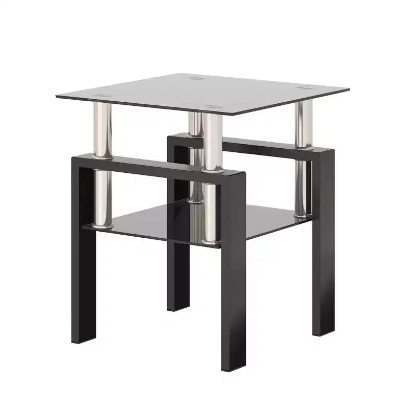 Mesa de centro cuadrada de cristal de 2 niveles con estante de almacenamiento, mesa de té moderna para sala de estar u oficina